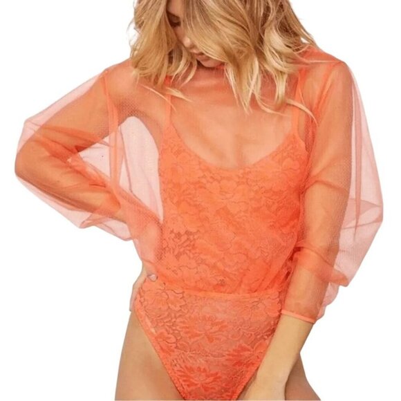HAH Hot As Hell Bodysuit Women Medium Orange Sheer Lace Mesh Mama Jen - Picture 2 of 12